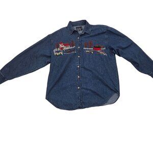 Solutions Women's Button Up Denim Shirt Emboardary Detail Blue Size M Grannycore